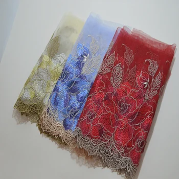 

2YDS/lot red~blue~(gold green mixed) gauze and big flower embroidery lace Hight quality lace fabrics embroidered lace19010601