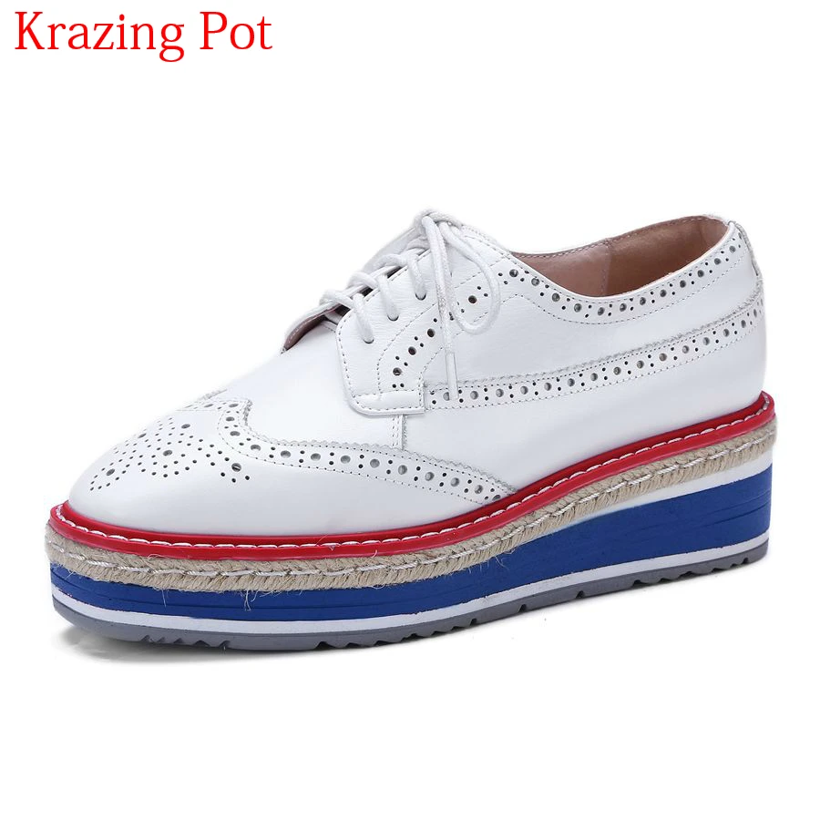 

2018 Superstar Cow Leather Mixed Colors Wedges Sneaker Cross-tied Thick Bottom Lace Up Pumps Leisure Party Sexy Casual Shoes L90