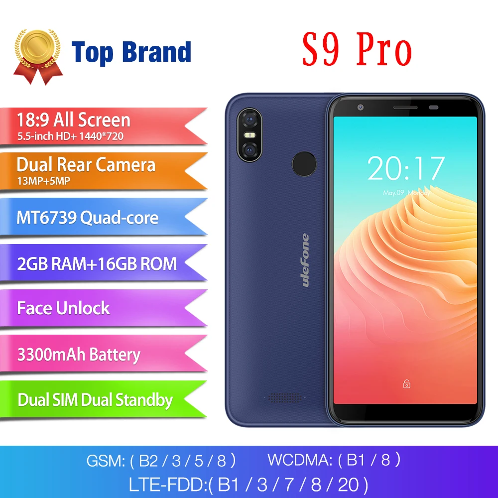 

5.5Inch 4G Smartphone Android 8.1 Quad Core Phone 2GB 16GB 13.0MP 5.0MP Fingerprint 3300mAh Mobile Cellphones Ulefone S9 Pro