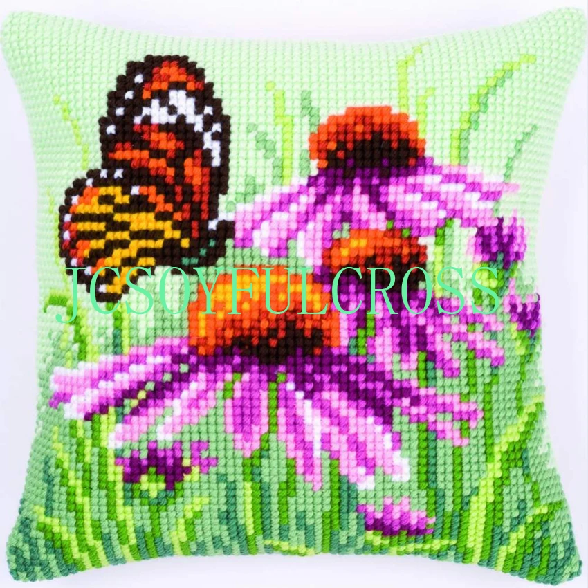 

Butterfly,DIY Needlework Kit Unfinished Acrylic Yarn Embroidery Pillow Tapestry Canvas Cushion Front Cross Stitch Pillowcase