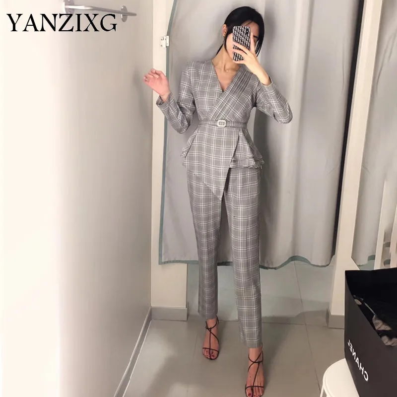 

2019 Spring Summer New Fashion Plaid Striped Belt Casual Small Suit Jacket Nine Points Casual Pants Ladies Two-piece R591