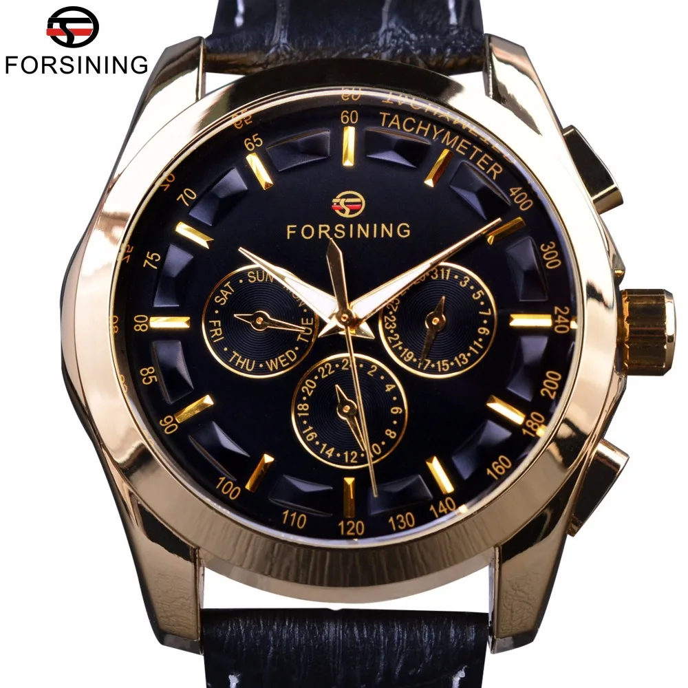 Forsining 2017 Retro Fashion Designer Three Dial Decoration Genuine Leather Golden Men Luxury Brand Automatic Mechanical Watches designer brand 스카프 silk women s spring summer silk scarf decoration scarves for women hot selling free shipping