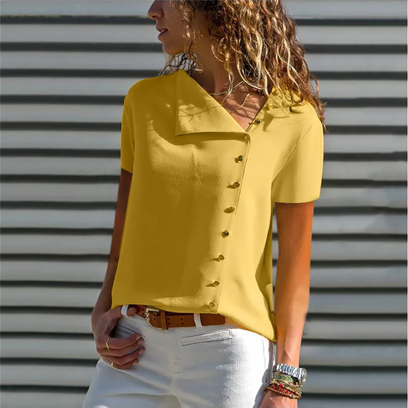 New Women Clothes Summer Lapel Neck T-shirt Ladies Short Sleeve Buckle Casual Daily Vintage Classic Tee New Arrival Tops #4R02 (3)