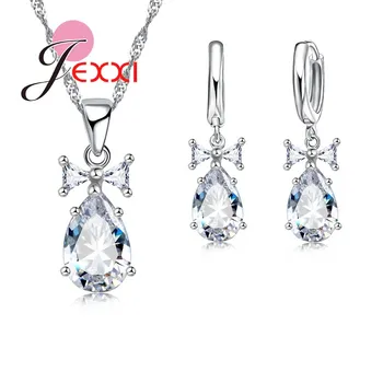 

Fashion Waterdrop Wedding Bridal Jewelry Set For Women 925 Sterling Silver Water Drop Crystal Earring Necklaces Sets