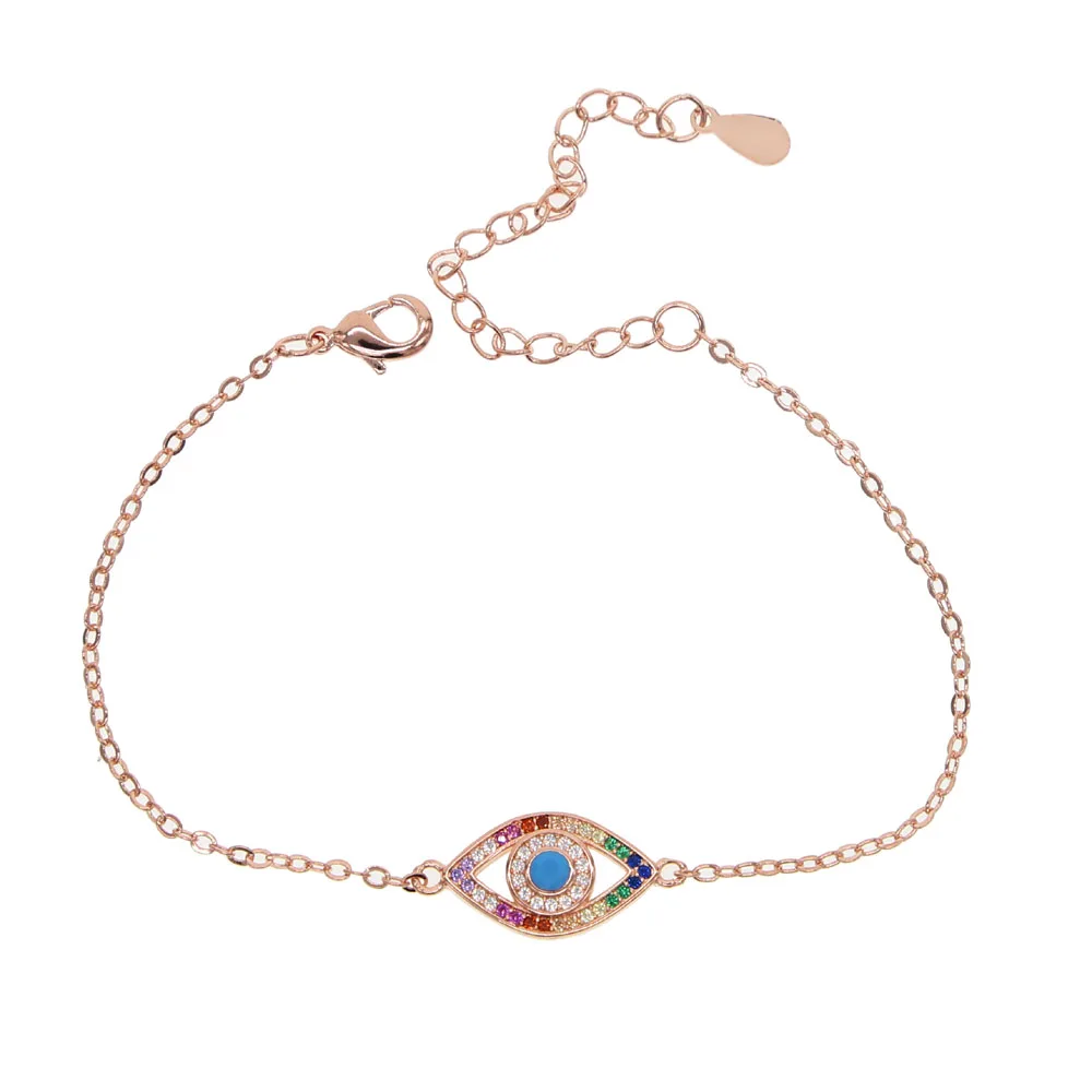 

2019 new trendy rose gold link chain tiny bracelet multi colors cz turkish evil eye cz charm bracelet delicate bangle adjustable