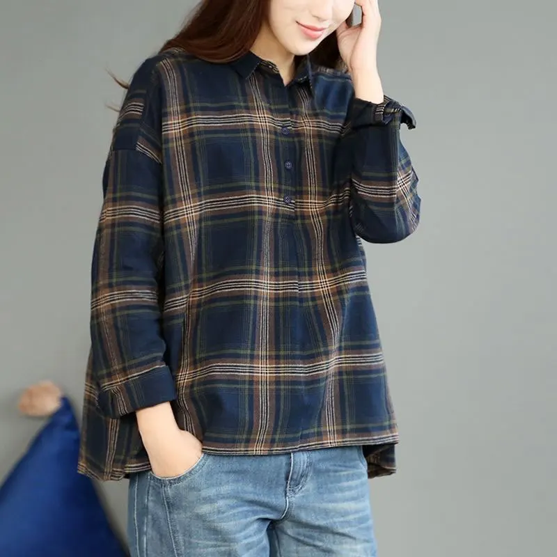  Spring Women Long Sleeve Plaid Shirt Korea Fashion Loose Turn-down Collar Shirts All-match Casual C