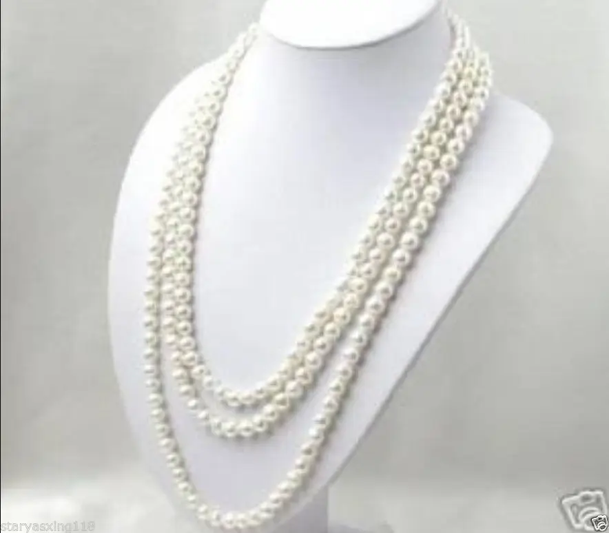 

Free Shipping SUPER LONG 120 INCH 7-8MM WHITE AKOYA CULTURED PEARL NECKLACE