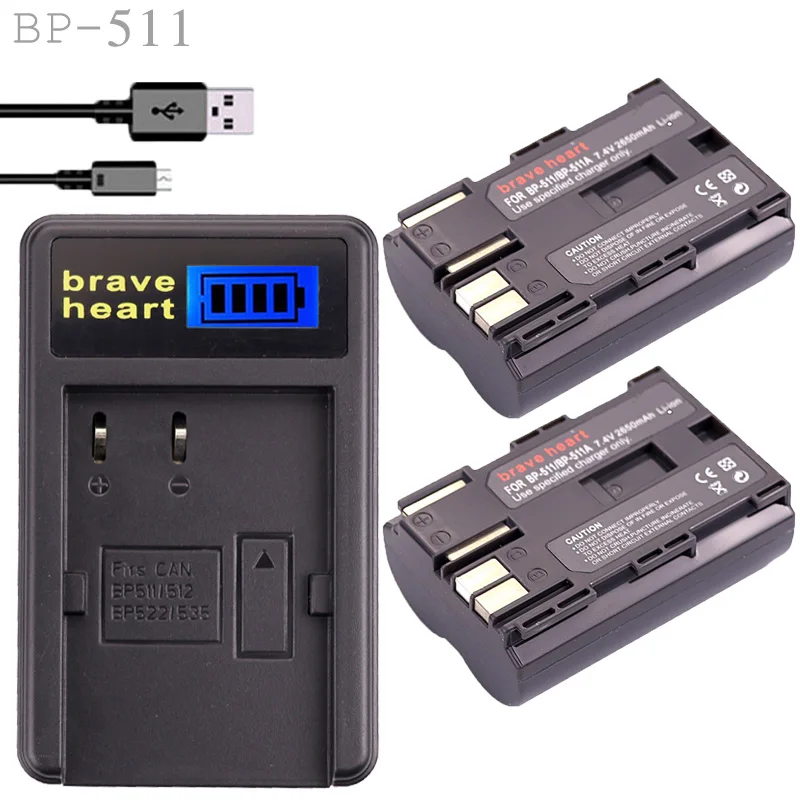 2 шт. 7,4 V 2650 мА/ч, BP-511A Камера Батарея BP-511 BP 511 батареи для Canon BP-511 BP-511A BP511 50D 40D 30D D60 D30 5D - Цвет: charger and 2battery