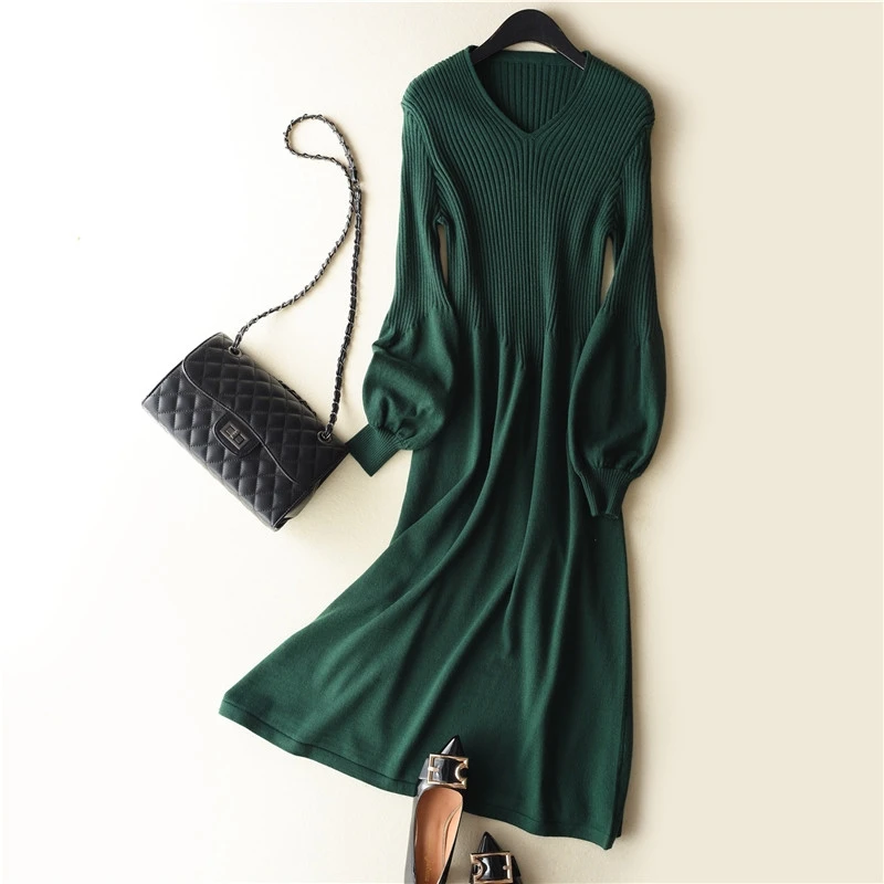 Весеннее годовое Новое приталенное и яркое вязаное платье с v-образным вырезом и рукавом-фонариком, Женское шерстяное трикотажное платье-свитер с поясом, платье до середины икры - Цвет: Dark Green