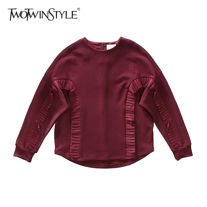 

TWOTWINSTYLE Ruffles Hoody For Women Patchwork O Neck Long Sleeve Zipper Pullover Tops 2019 Spring Female Basic Casual Clothing