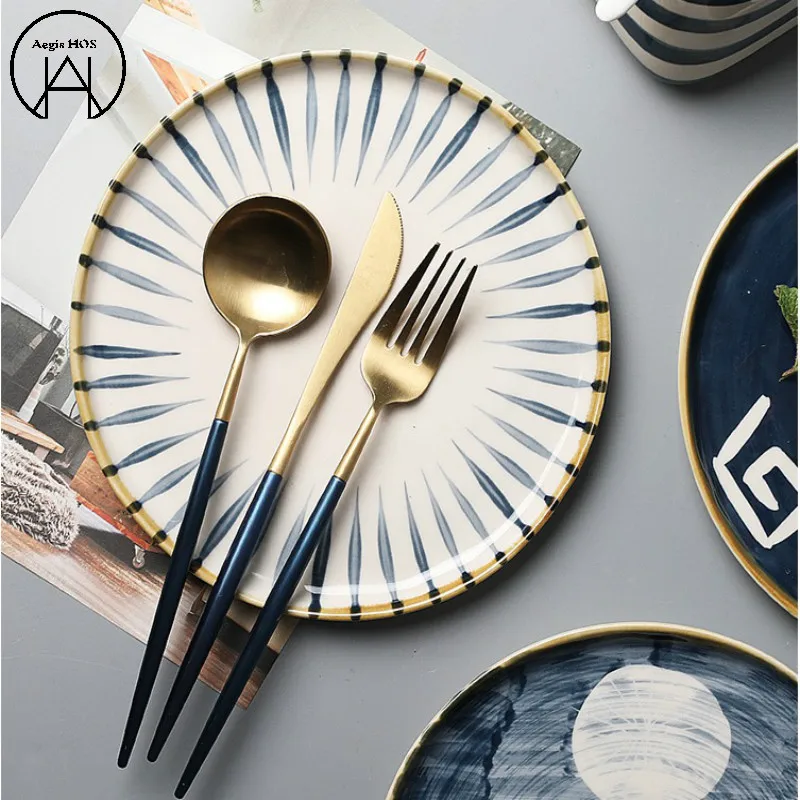 

1 PCS Japanese Style Hand-Painted Ceramics Plate Dishes Set of Dishes table service Dinnerware Set Dinner Set Plate Tray