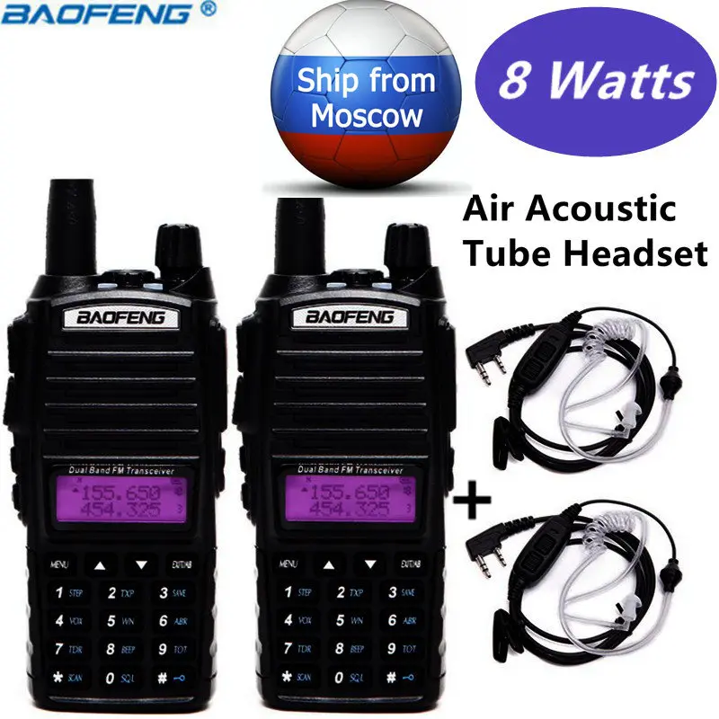 

2pcs Baofeng UV-82 Plus 10km Long Range 8Watts 8w Powerful Walkie Talkie Portable two way Radio+2-PTT Air Acoustic Tube Headset