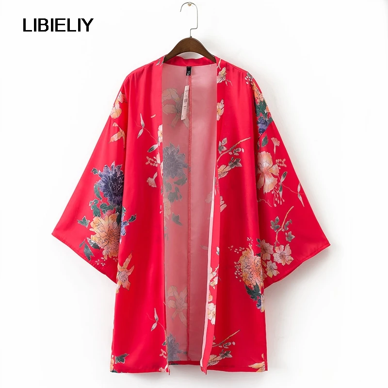 Red Floral Printed Jackets Women Nice Fashion Loose Three Quarter Sleeve Jackets Woman Vintage