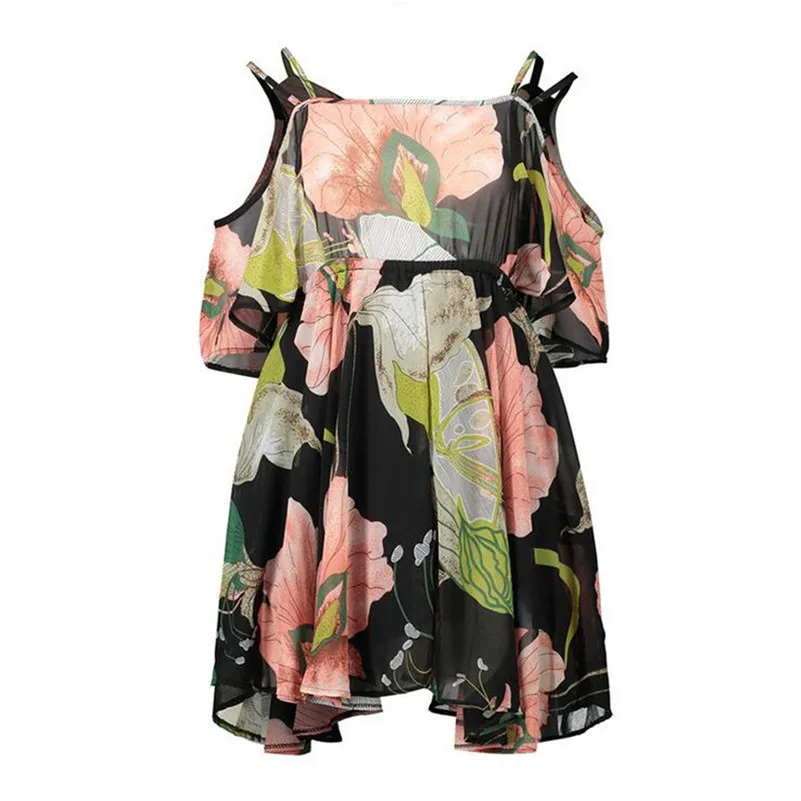 Casual Beach Dress Cold Shoulder ruffle print Summer dresses women High waist strap chiffon beach dress Boho party sexy dresses (9)