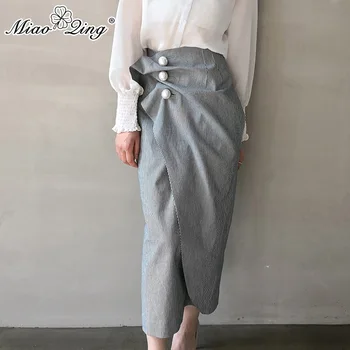 

MIAOQING Autumn Korean Style Women Long Skirts Vintage Pearl Ruched Striped Wrap Skirt High Waist Split ruffle skirt ladies hot