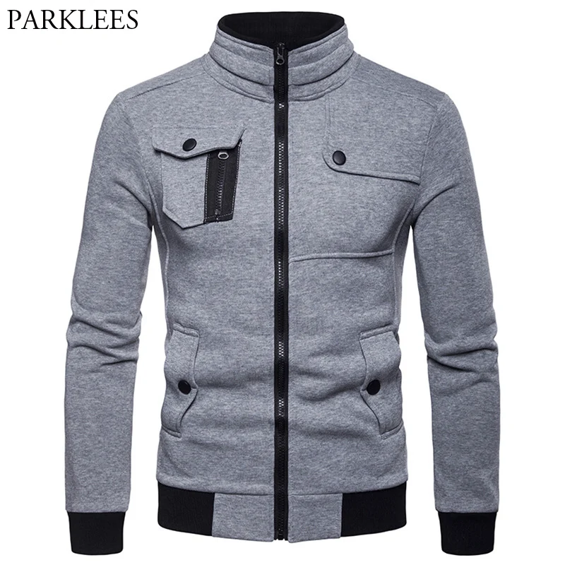 

Stand Collar Zipper Sweatshirt Men Casual Slim Fit Patchwork Mens Light Gray Sweatshits With Pockets Hipster Hip Hop Sweat Homme