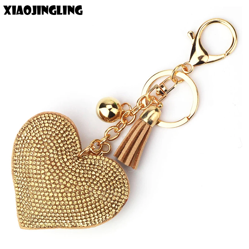 XIAOJINGLING Trendy Gold Key Chain Full Crystal Rhinestone Heart