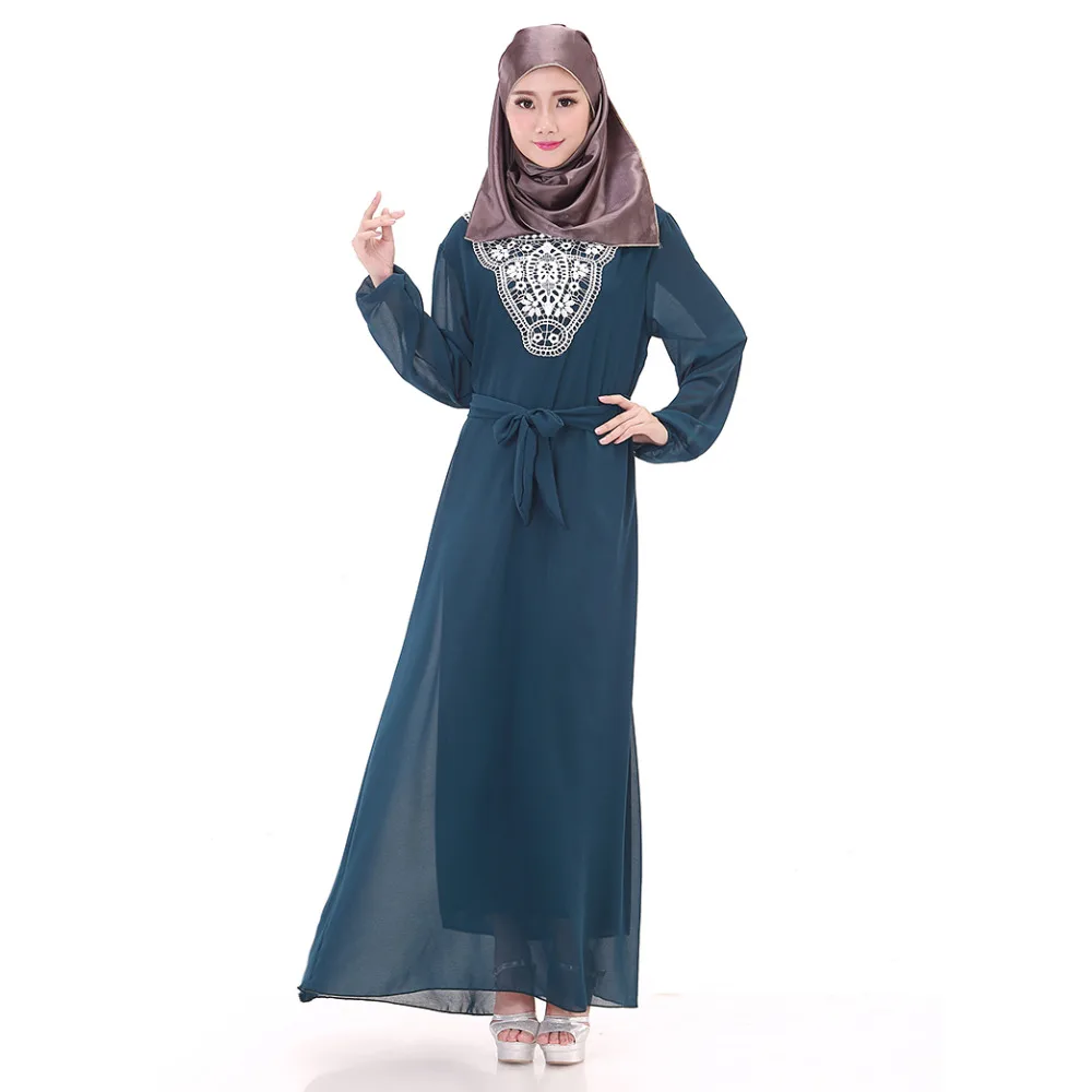 Elegant Chiffon Appliques Lantern Sleeve Muslim Maxi Dress Turkish Casual Islamic Abaya Tunics