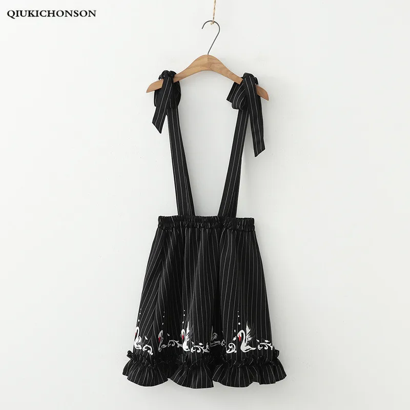

Japanese Preppy Style Striped Tutu Skirt Women Spring Summer Bow Lace-up Straps Overalls Kawaii Swan Print Suspender Skirts