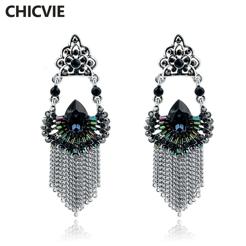 

CHICVIE Trending Now Statement Drop Earrings for Women Silver plated Tassel Rhinestone Metal Brand Jewelry Gifts SER160108