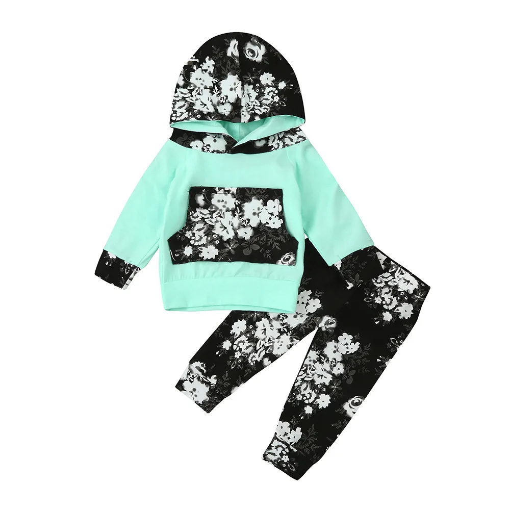

Spring Autumn baby clothes sport suit for boys girls fashion costume floral hooded pocket shirt tops +pants 2pc/set Kids' things
