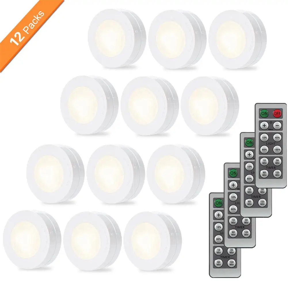

12pcs/set Wireless LED Puck Light Set with Dimmer and Timer Battery Powered Light with Remote Control for Kitchen Cabinet Closet