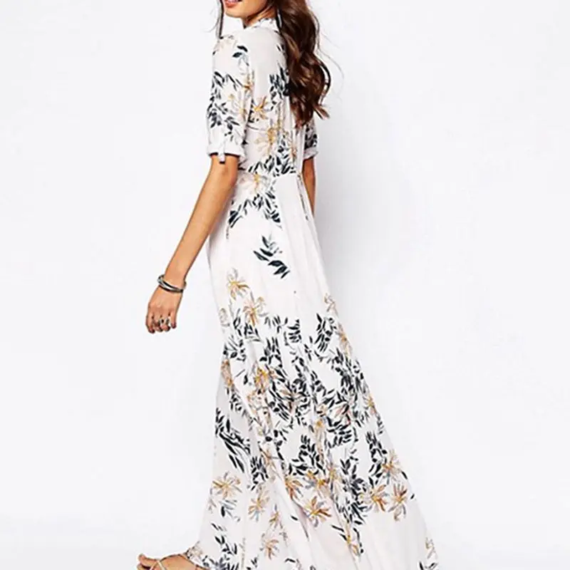 

Women Plant Print Beach Maxi Dress Elegant Split White Stylish Floral Summer Travel Casual Big Swing A Line Long Dresses Female