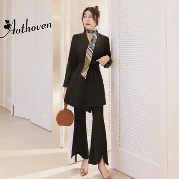

2 Pieces Set Autumn Black Business Women Suits Bandage Notched Collar Jacket and Elegant Long Pants Office Lady Two Pieces Set