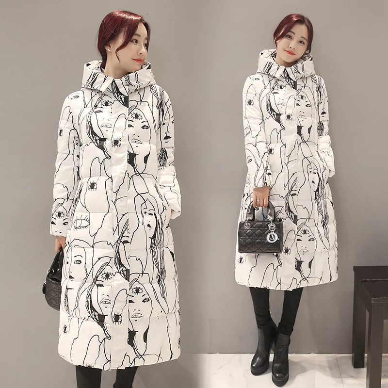 

2016 Korean X-Long Beauty Women Print Down Coat Cotton Plus Size Female Students Women Winter Jacket Overcoat Red White Black