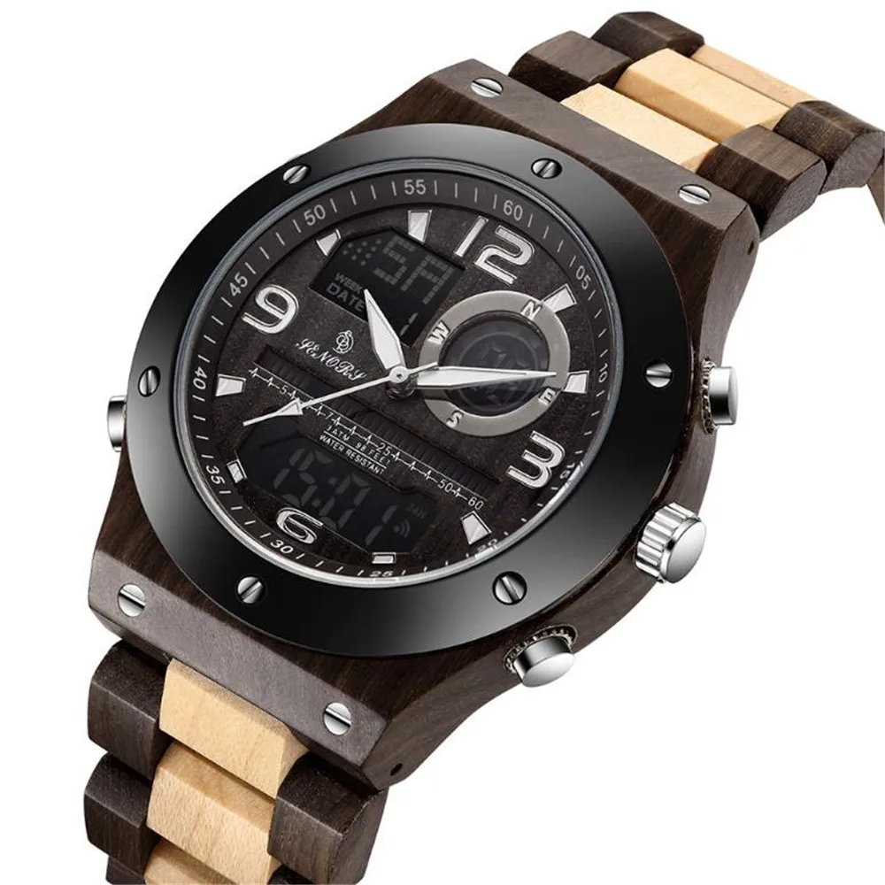

Men's Natural Wooden Watches Male Dual Display Wristwatch Digital Relogio Masculino Solid Wooden Watches Mens Back Light Clock