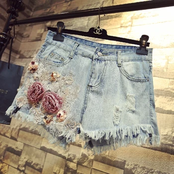 Summer 2019 New Women Flower Diamond Cotton Shirt T-shirt + Wide-legged Jeans Girl Student High Waist Hole Denim Shorts Set 3