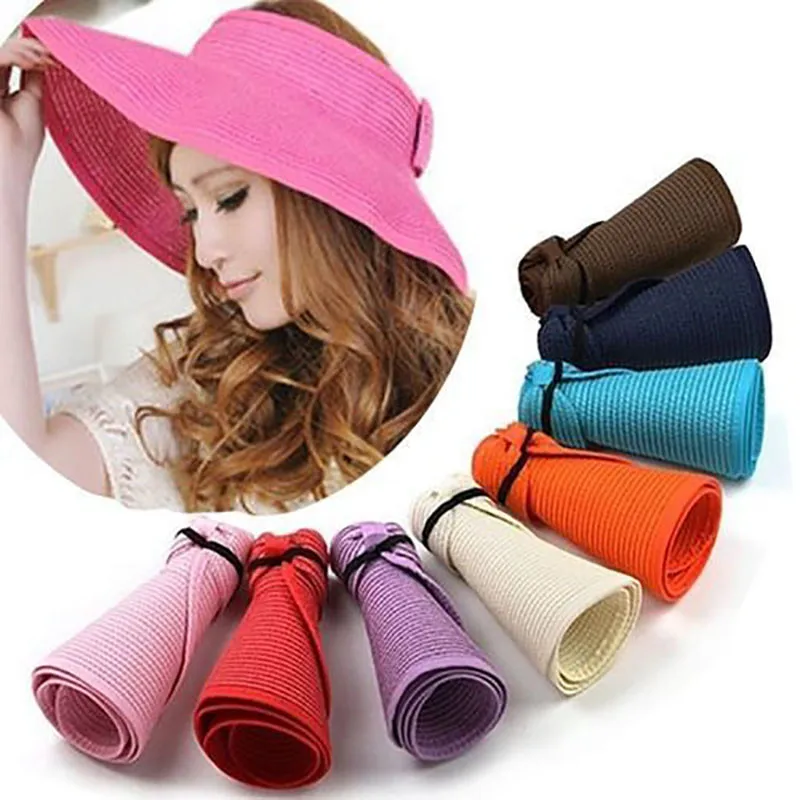 summer ladies sun hats straw floppy foldable roll up wide brim sun