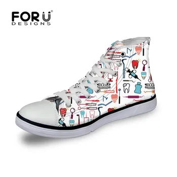 

FORUDESIGNS Dental Tooth Pattern Men High Top Canvas Nurse Shoes Brand Men Sneakers Flats Vulcanized Shoes for Teen Boys Casual