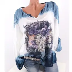 2019 женская блузка модная женская Стильная С v-образным вырезом и мультяшным принтом с длинным рукавом женская футболка Топ