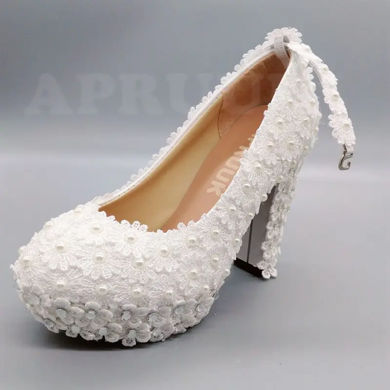 11cm super high block heels ivory lace pearls wedding shoes bride ankle strap handmade chunky heeled brides wedding pumps shoe