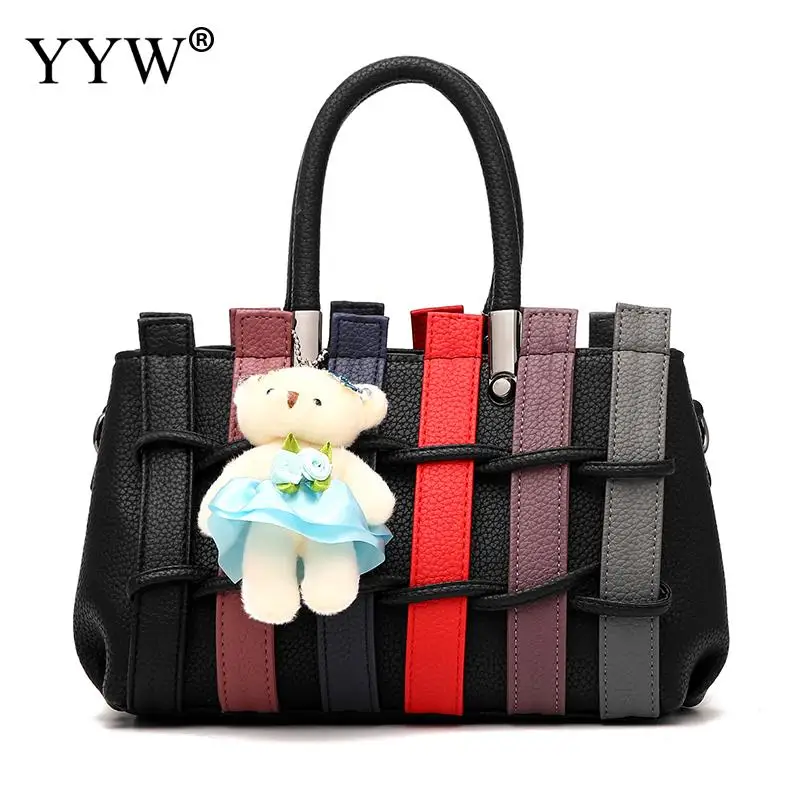 

Women Shoulder Bag PU Leather patchwork designer Female handbag with little bear doll