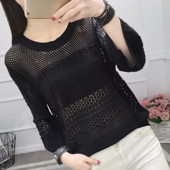 

2019 Women O-Neck Hollow Out Thin Sweaters Spring Autumn Casual Knitted Tops Three Quarter Loose Knit Pullovers
