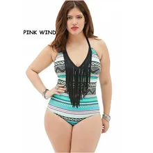 XL-XXXL лето плюс Размеры 50 s ретро Винтаж печати Глубокий V кисточкой бахромой Одна деталь купальный костюм Monokinis для жира Для женщин