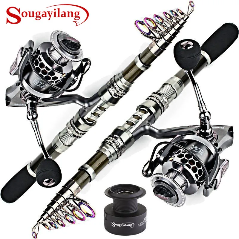 Sougayilang Carbon Fiber Spinning Fishing Rod Pole and Fishing Reel Combo Telescopic Fishing Pole Spinning Reel Kit