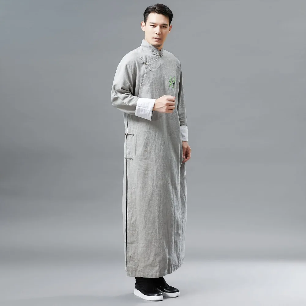 LZJN Chinese Men Classic Master Clothing X-Long Linen Trench Robe Gown Coat Two Side Slit Kung Fu Tai Chi Traditional Outfit (26)