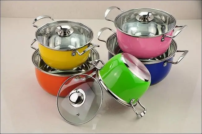Горячие продажи инструменты для приготовления пищи 10 шт из нержавеющей стали цветной набор кухонной посуды с покрытием набор кастрюль Panela стеклянная крышка