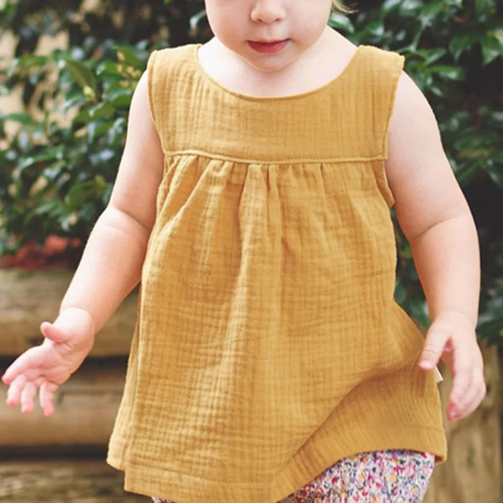 

Summer Girl Vest Baby Girls Fashion Toddlers Kids Sleeveless Cotton Linen Solid Tees Tops Vest T-shirts