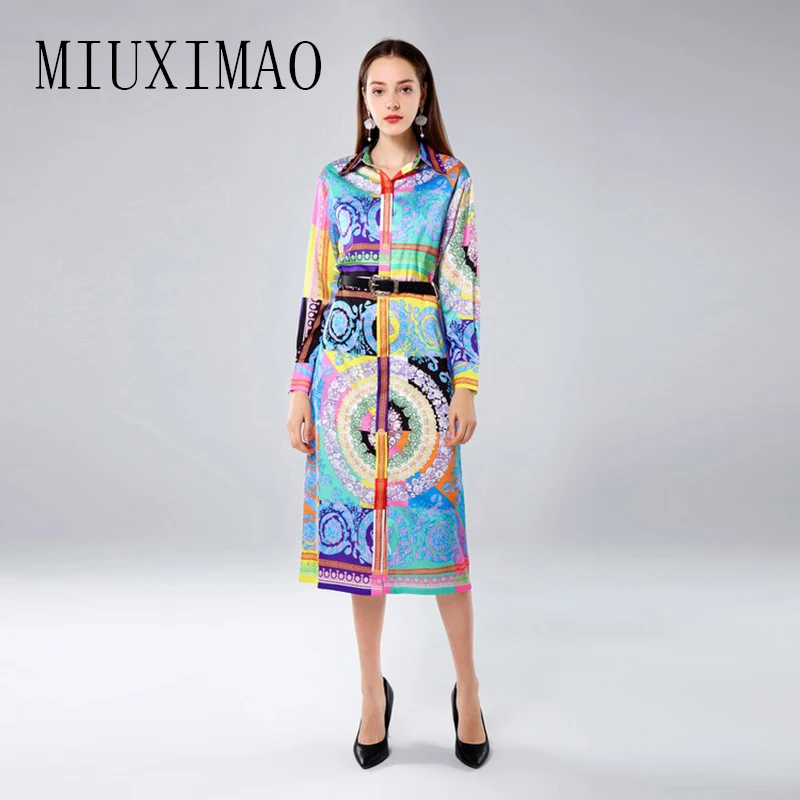 

MIUXIMAO Custom Plus Size Dress 2019 Spring Newest Vintage Style A-Line Full Sleeve Print Mid-Calf Elegent Long Dress Women