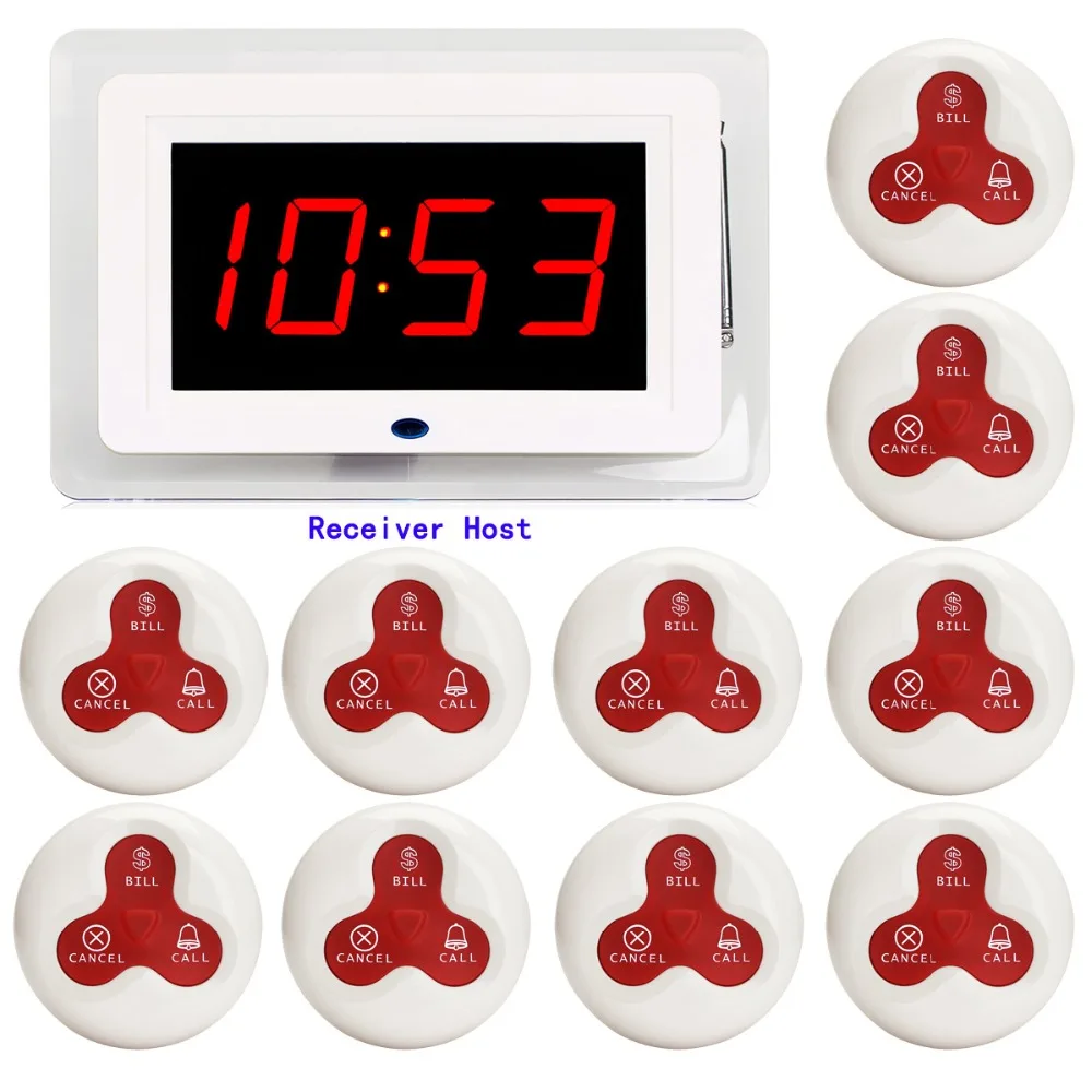 

3 color 433MHz Wireless Pager Restaurant Waiter Calling Paging System 1 Receiver Host + 10 Call Transmitter Button F3259