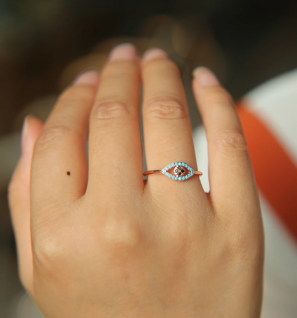 

rose gold color open ajust midi rings turquoises black cz evil eye delicate minimal jewelry girls evil eye open ring