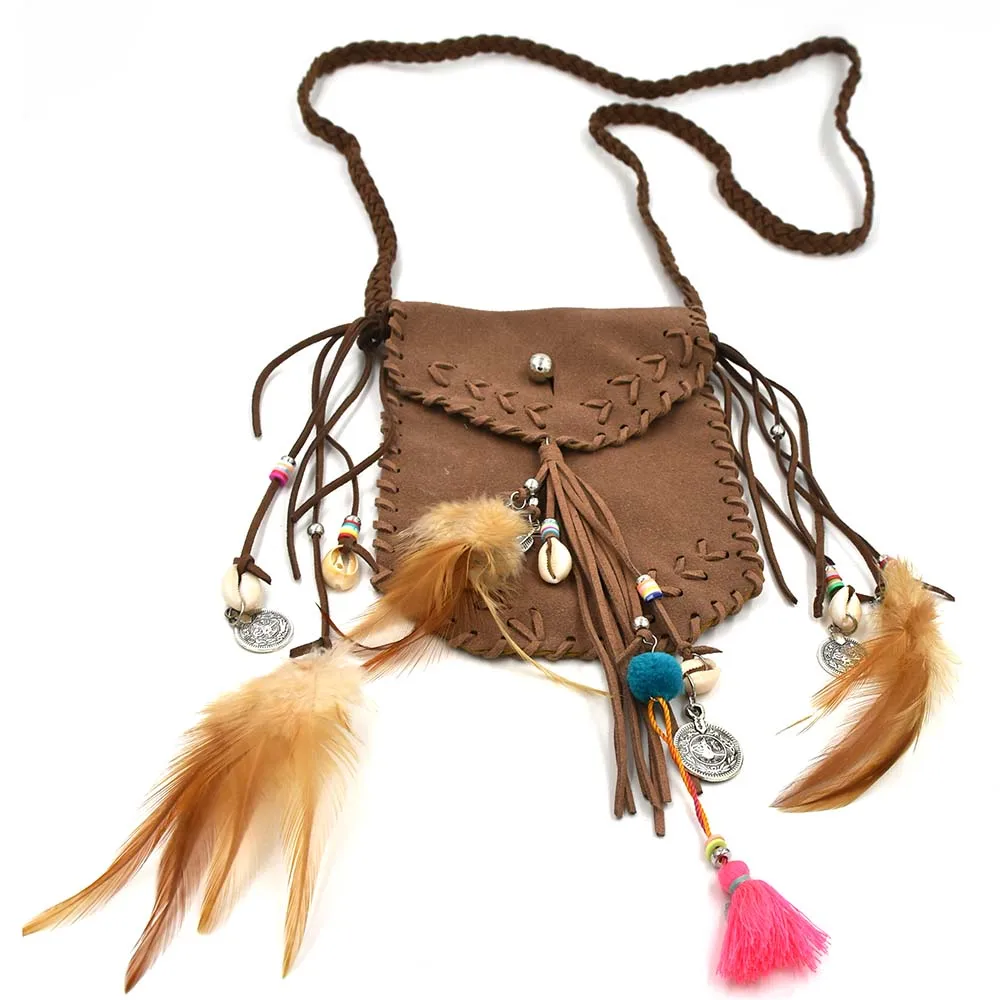 2017 New handmade feather tassel charm leather phone small leather bag pendents necklace for women
