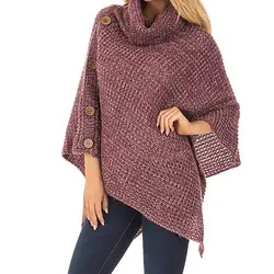 Вязание свитера осень-зима Для женщин водолазка с рукавами «летучая мышь» пуловеры с пуговицами Повседневное Топ Femme негабаритных Kntted
