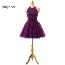 Baijinbay новые аппликации бисером фиолетовые платья для выпускного вечера органза Холтер Мини скромные милые короткие вечерние Платья Vestidos de festa