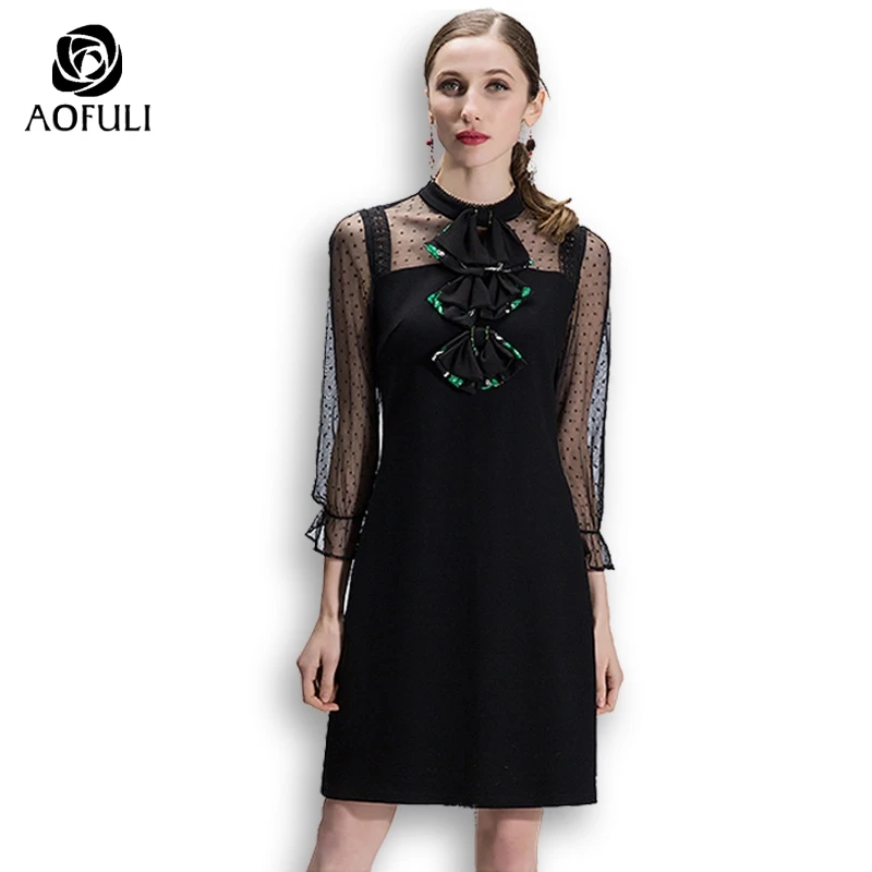 

L~ 4XL 5XL Bow Ties Elegant Women Dress Big Size Spring Autumn Sexy Lace Long Sleeve Knee-length Dress Brand Clothes AOFULI 9040