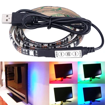 

USB LED Strip 5050 RGB TV Background Lighting Kit Cuttable with Mini Controller 90CM Set, LED Adhesive Tape IP65 Waterproof